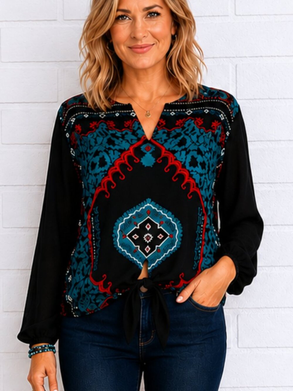 Carole Little St Tropez West M L Santa Fe Colorful Tie Front Tunic Top Vintage